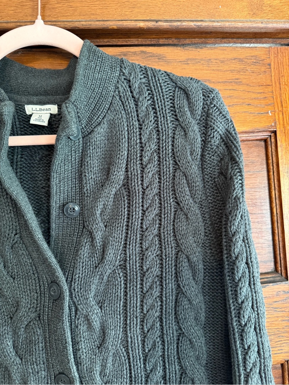 L.L. BEAN 100% Cotton Cable Knit Fisherman Sweater Button Down Cardigan Grey M - Picture 4 of 8